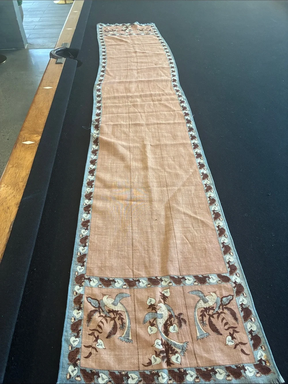 Vintage Long Linen Brown and Blue Bird Motif Scarf